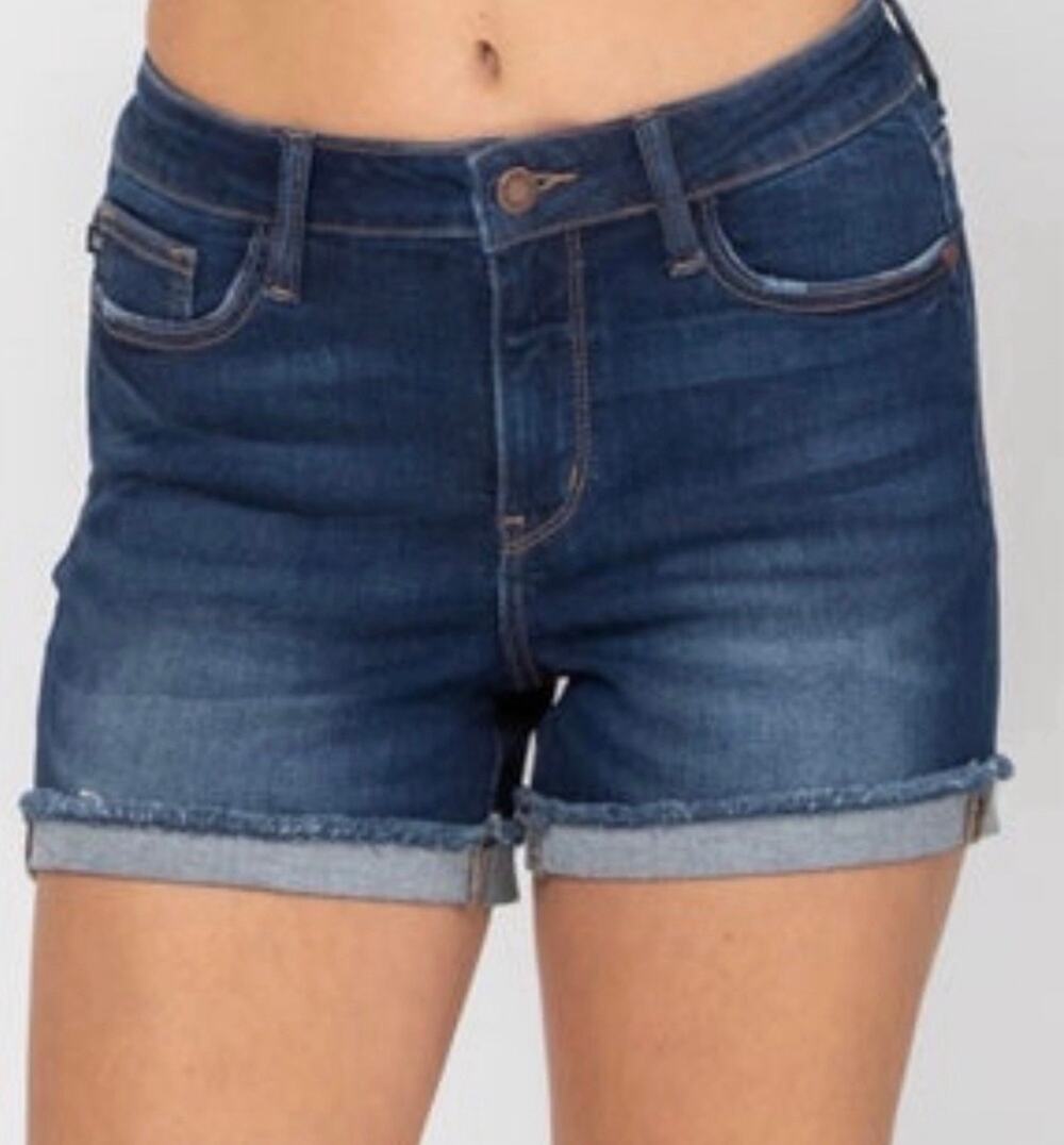 Medium Rise 3” Inseam Distressed Dark Wash Frayed Judy Blue Cutoff Denim Shorts